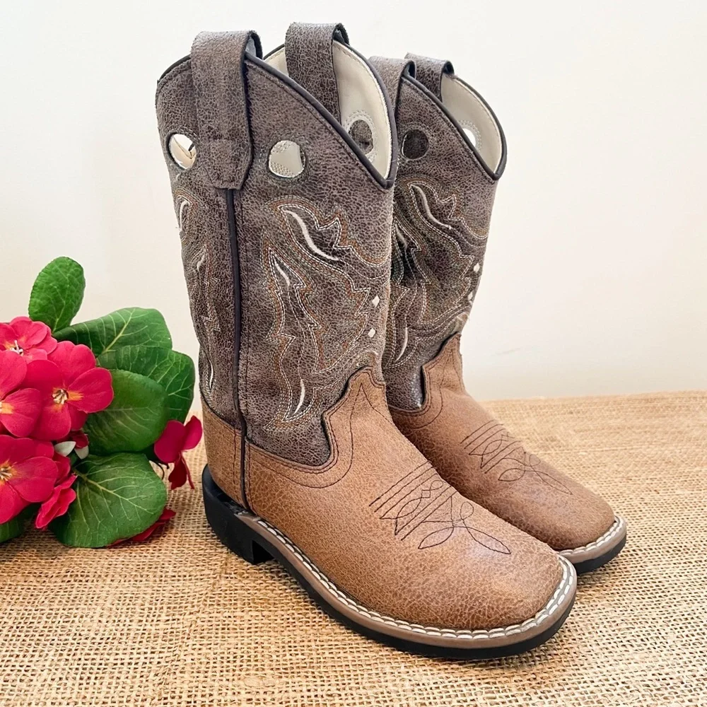 Old West Kid’s Western Cowboy Boots Unisex 9.5D Vintage Tan
